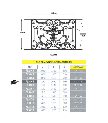 Garde-corps fonte AMBOISE 1200à1350x500mm longueur utile prêt à poser