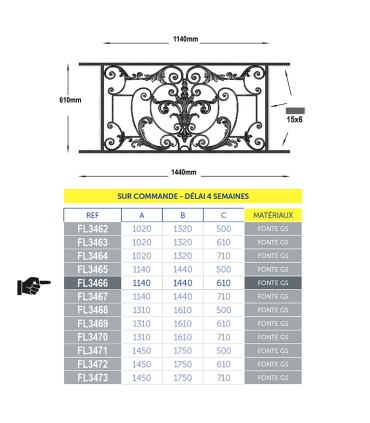 Garde-corps fonte AMBOISE 1200à1350x610mm fonte prêt à poser