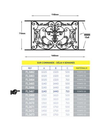 Garde-corps fonte AMBOISE 1200à1350x710mm longueur utile prêt à poser
