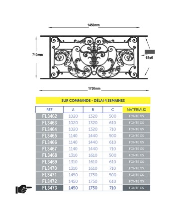 Appui de fenêtre AMBOISE 1450à1650x710mm prêt à poser en fonte