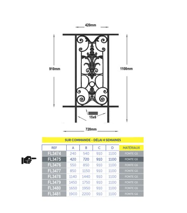 Balustrade fonte AMBOISE 500à650 x 910mm longueur livrée avec chassis