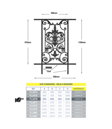 Balustrade fonte AMBOISE 600à750 x910mm longueur utile prête à poser avec chassis