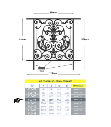 Balustrade fonte AMBOISE 900à1050 x 910mm prête à poser avec cadre