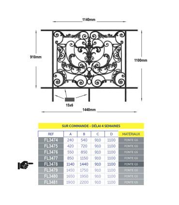 Balustrade fonte AMBOISE 1200à1350 x910mm en fonte livrée avec cadre