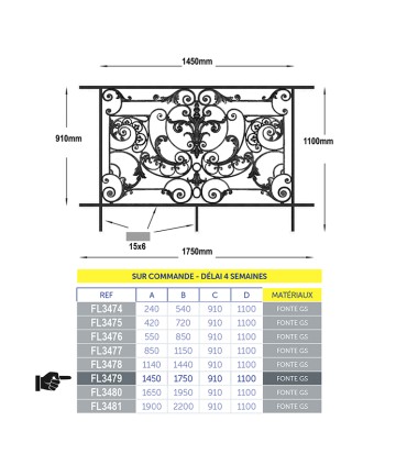 Balustrade fonte AMBOISE 1500à1650x910mm prête à sceller avec cadre