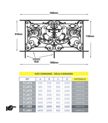 Balustrade fonte AMBOISE 1650à1850x910mm avec cadre à sceller prêt à poser