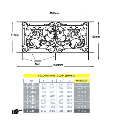 Balustrade fonte AMBOISE 1950à2100x910mm avec cadre prête à sceller