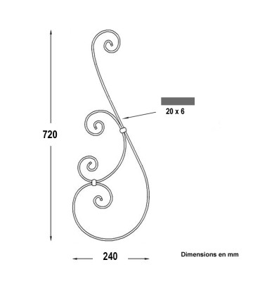 Volute S+C 720x240mm plat 20x6mm aluminium extrémités simples