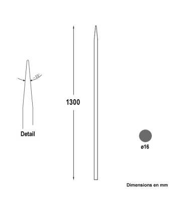 Barreau acier appointé 1300mm rond ø16mm angle de la pointe 15°