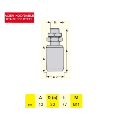 Galet de guidage inox Ø30x77mm axe M14 pour guidage de portails coulissants