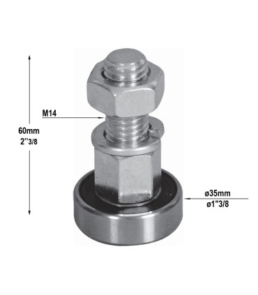Galet de guidage Ø35x60mm axe M14 monté sur roulement à billes pour portails
