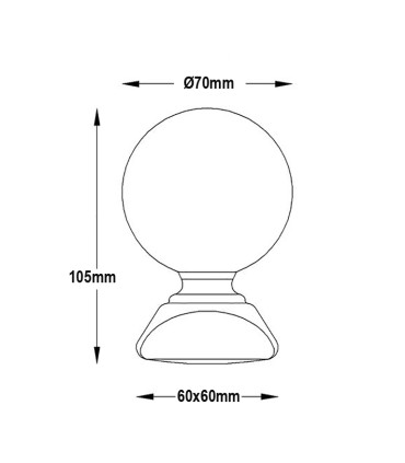 Pommeau sphérique hauteur 105mm ø70mm embase carrée 60x60mm, pommeau pour poteau ou escalier en acier forgé