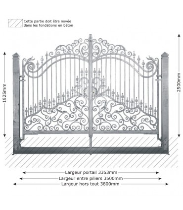 Portail fer forgé DIANA 3.5m carré de 16x16mm galvanisé manuel ou motorisable
