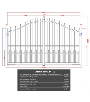 Portail fer forgé ATENA 3.5m carré de 12x12mm  galvanisé manuel ou motorisable