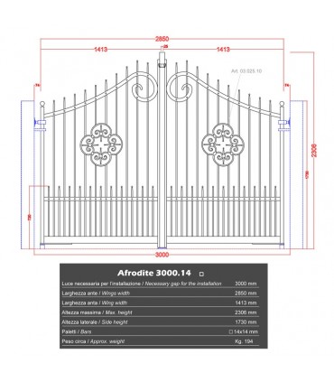 Portail fer forgé AFRODITE 3m carré de 14x14mm galvanisé manuel ou motorisable