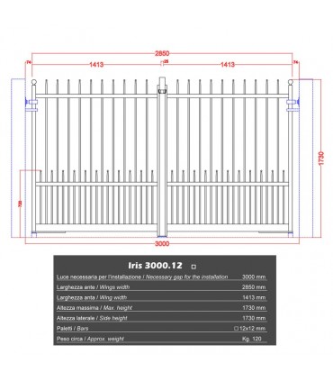 Portail fer forgé IRIS 3m carré de 12x12mm  galvanisé manuel ou motorisable