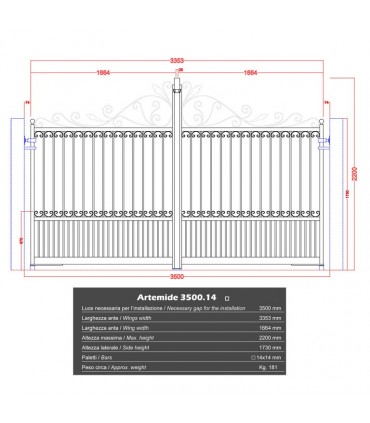 Portail fer forgé ARTEMIDE 3.5m carré de 14x14mm galvanisé manuel ou motorisable