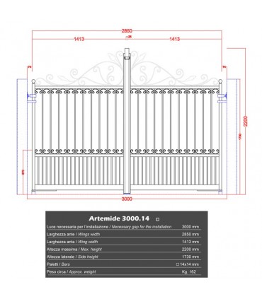 Portail fer forgé ARTEMIDE 3m carré de 14x14mm galvanisé manuel ou motorisable