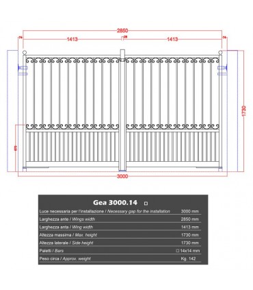 Portail fer forgé GEA 3m carré de 14x14mm galvanisé manuel ou motorisable