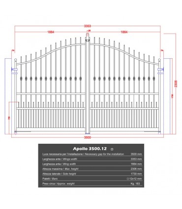 Portail fer forgé APOLLO 3.5m carré de 12x12mm galvanisé manuel ou motorisable