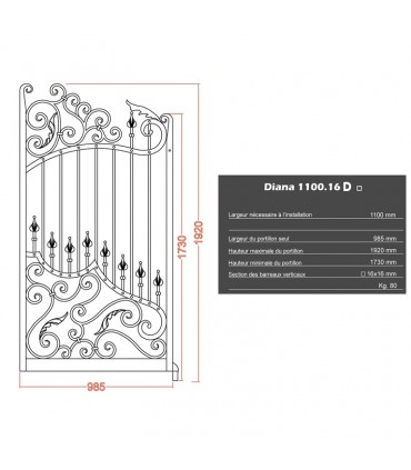 Portillon fer forgé DIANA 1,1m carré de 16x16mm ouverture droite ou gauche