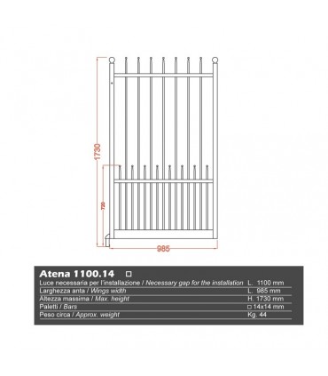 Portillon fer forgé ATENA 1,1m carré de 14x14mm ouverture droite ou gauche