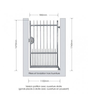 Portillon fer forgé ATENA 1,1m carré de 14x14mm ouverture droite ou gauche