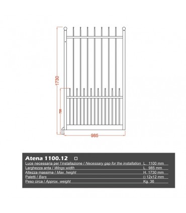 Portillon fer forgé ATENA 1,1m carré de 12x12mm ouverture droite ou gauche