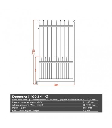 Portillon fer forgé DEMETRA 1,1m ronds de ø14mm ouverture droite ou gauche