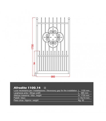 Portillon fer forgé AFRODITE 1,1m carré de 14x14mm ouverture droite ou gauche