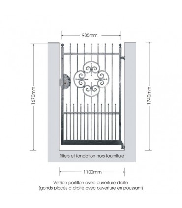 Portillon fer forgé AFRODITE 1,1m carré de 14x14mm ouverture droite ou gauche