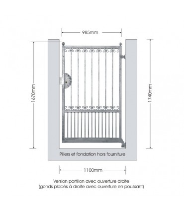 Portillon fer forgé GEA 1,1m carré de 14x14mm ouverture droite ou gauche