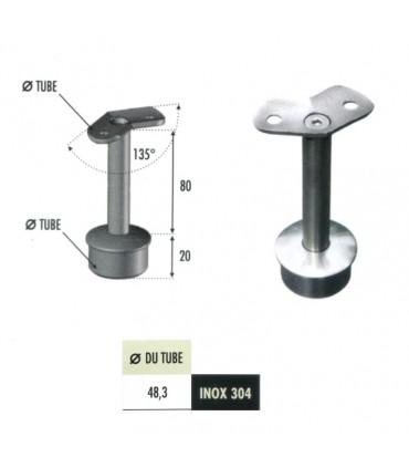 Support fixe d'angle 135° pivotant de main courante Ø48,3mm INOX304
