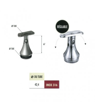 Support de main courante réglable Ø42,4mm INOX316