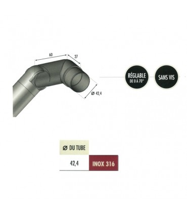 Connecteur droite réglable orientable 0 à 70° Ø42,4mm INOX316