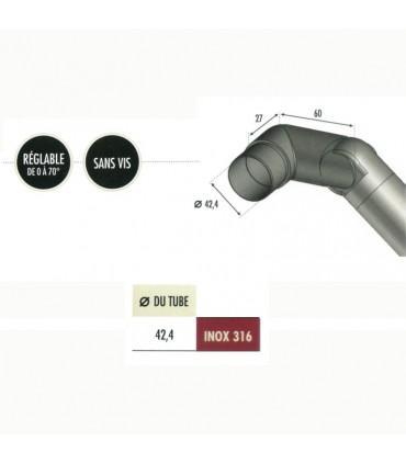 Connecteur gauche réglable orientable 0 à 70° Ø42,4mm INOX316