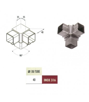 Connecteur 3 axes de tube carré 40x40mm INOX316