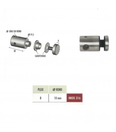 Connecteur en applique pour plexi épr 8mm et rond Ø10mm