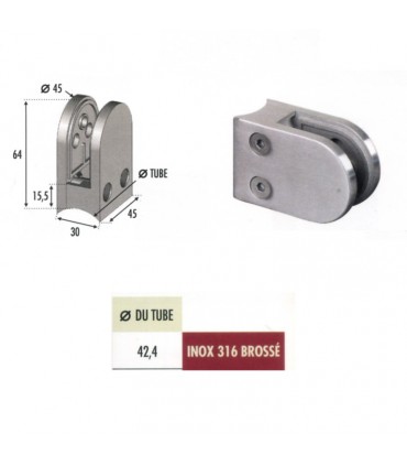 Pince à verre ronde 64mm en INOX316 pour tube Ø42,4mm