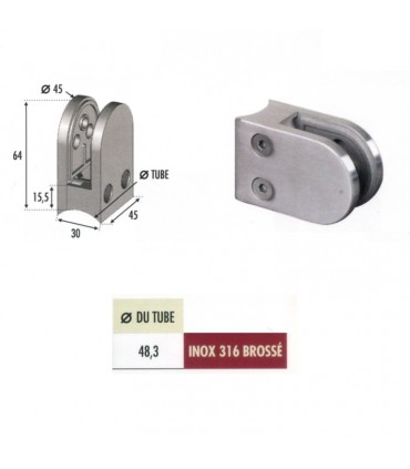 Pince à verre ronde 64mm en INOX316 pour tube Ø48,3mm