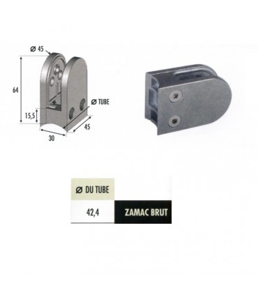 Pince à verre ronde 64mm en zamac brut pour tube Ø42,4mm