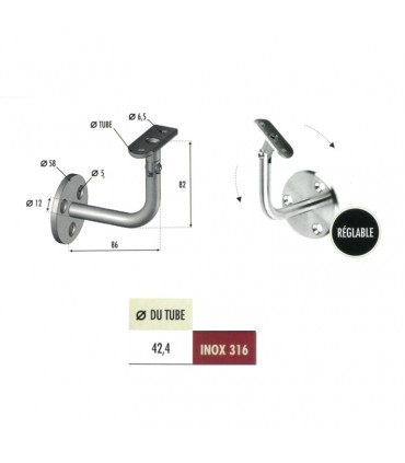Support mural coudé pour ø42,4mm INOX316 réglable pour main courante en acier inox ou bois