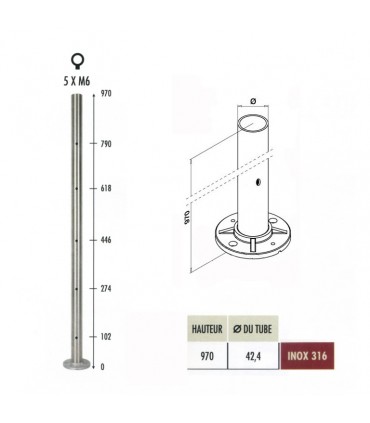 Poteau Ø42,4mm départ ou intermédiaire taraudé montage câble ou rond plein INOX316