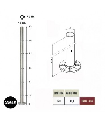 Poteau Ø42,4mm d'angle taraudé montage câble ou rond plein INOX316