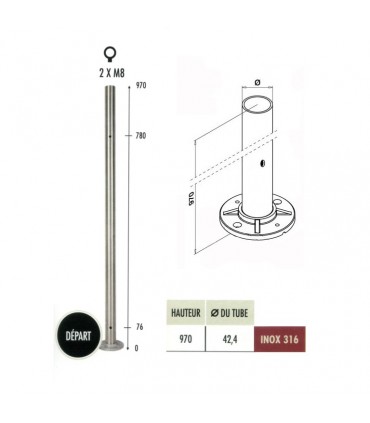 Poteau Ø42,4mm de départ taraudé pour montage de verres INOX316