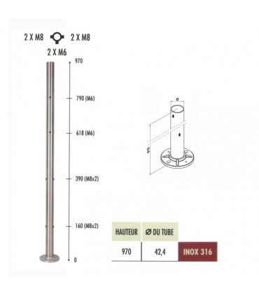 Poteau Ø42,4mm intermédiaire taraudé M6+M8 montage câble et verre INOX316