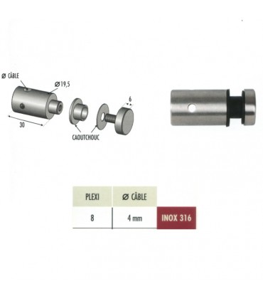 Connecteur en applique pour plexi épr 8mm et cable Ø4mm