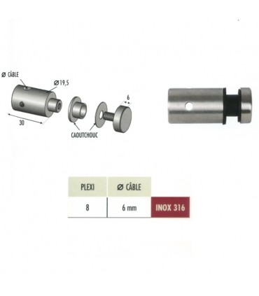 Connecteur en applique pour plexi épr 8mm et cable Ø6mm