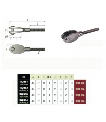 Chape design filetée M6 ou M8 pas droite ou gauche pour tendeur de câble