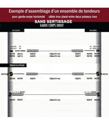 Fixation inox à visser pas à droite ou gauche pour câble Ø4mm